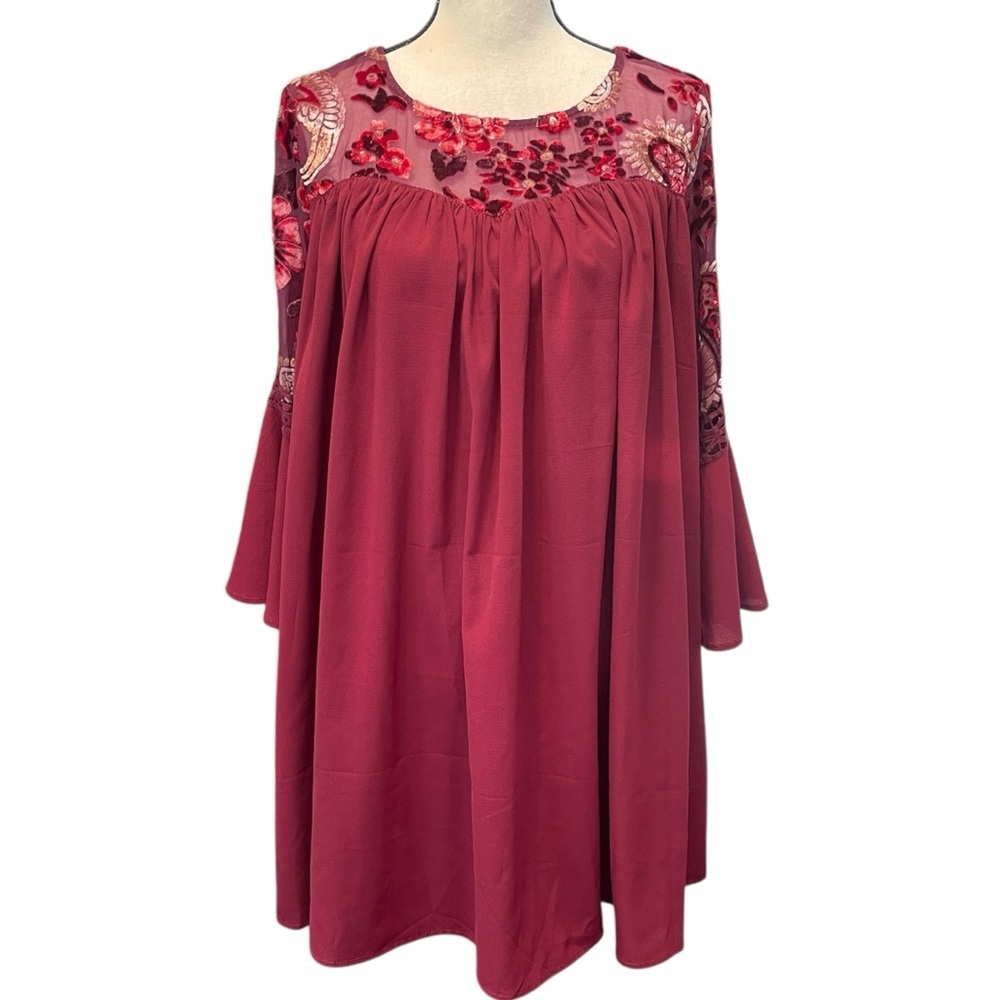 Altar'd State‎ Burgundy Red Floral Velvet Burnout 3/4 Sleeve Flowy Boho Dress S